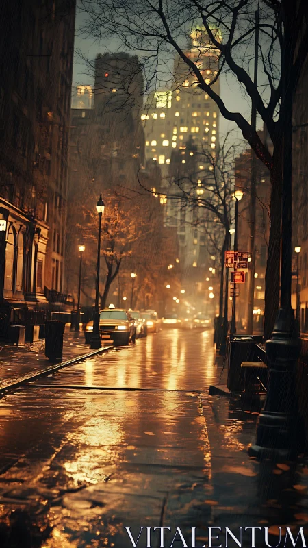 Rain-soaked city street with warm reflections and taxis.