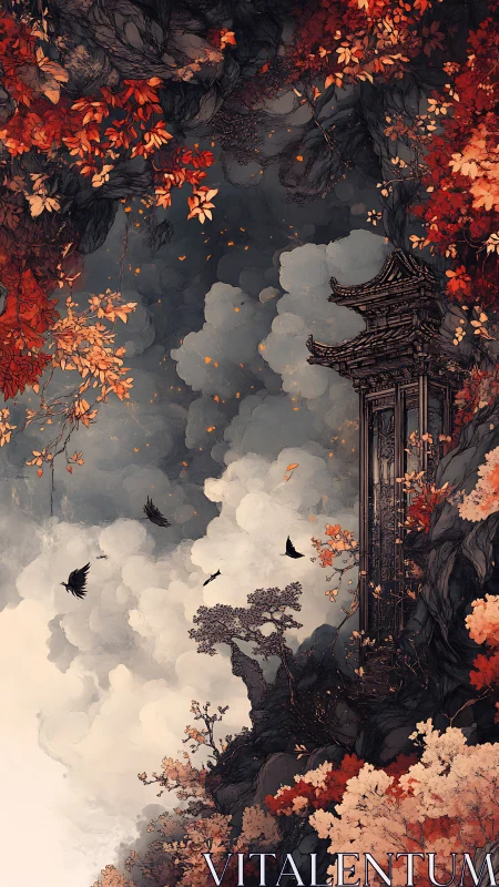 Autumn cliff pagoda amid storm-tossed clouds and circling crows