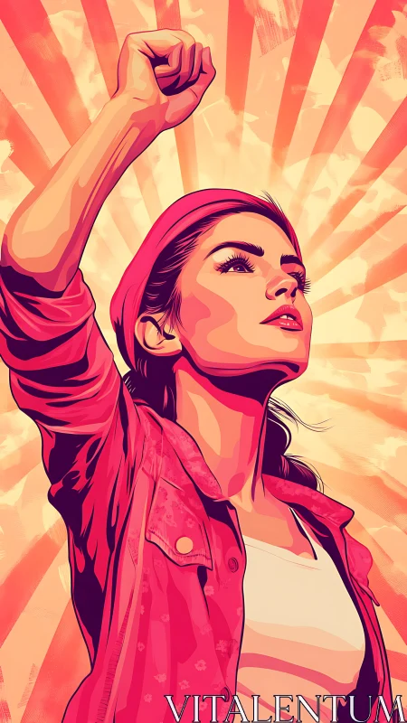 Defiant woman raises her fist against radiant sunrise backdrop