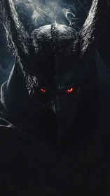 Shadowed horned guardian with embers burning in the dark.