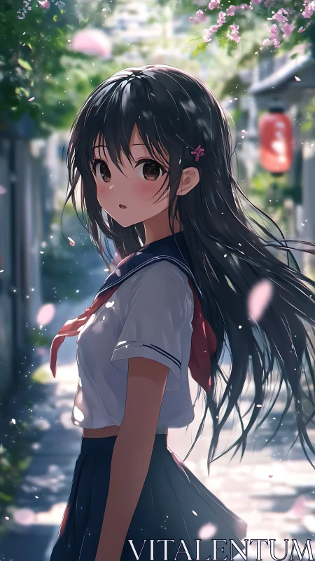 Spring corridor daydream with shy anime schoolgirl gaze.