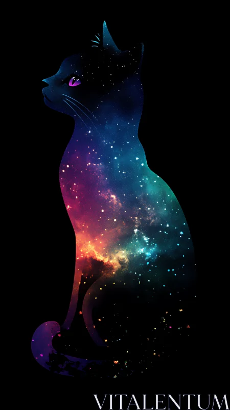 Cosmic silhouette of a sitting cat filled with nebulae.