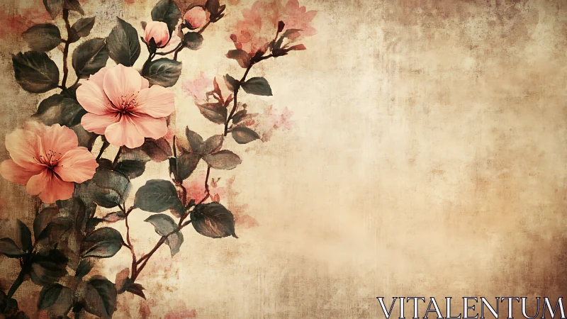 Soft peach blossoms lean into a warm vintage backdrop.