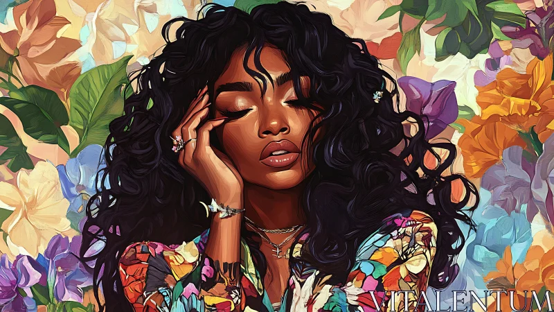 Digital portrait of serene woman amid dense floral backdrop