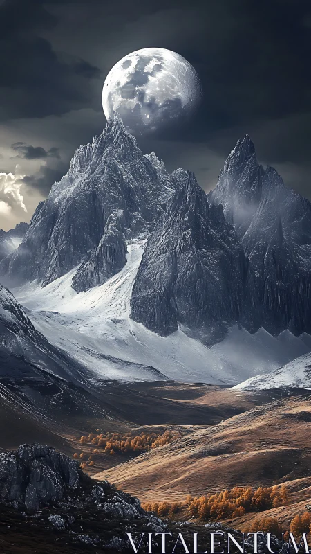 Massive moon above sharp snowy mountains at dusk
