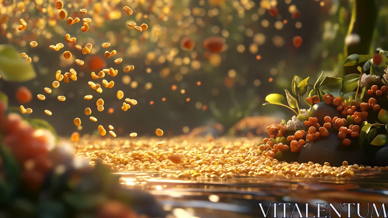 Golden cereal river sparkles under dreamy morning light