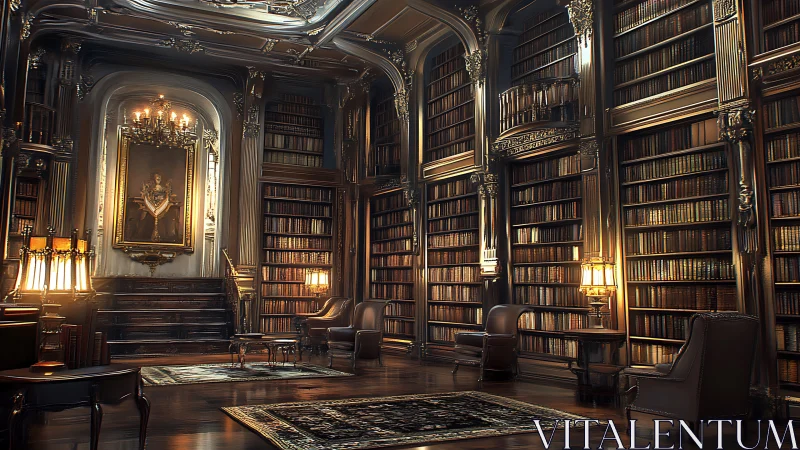 Grand baroque library interior with warm lamplight glow.