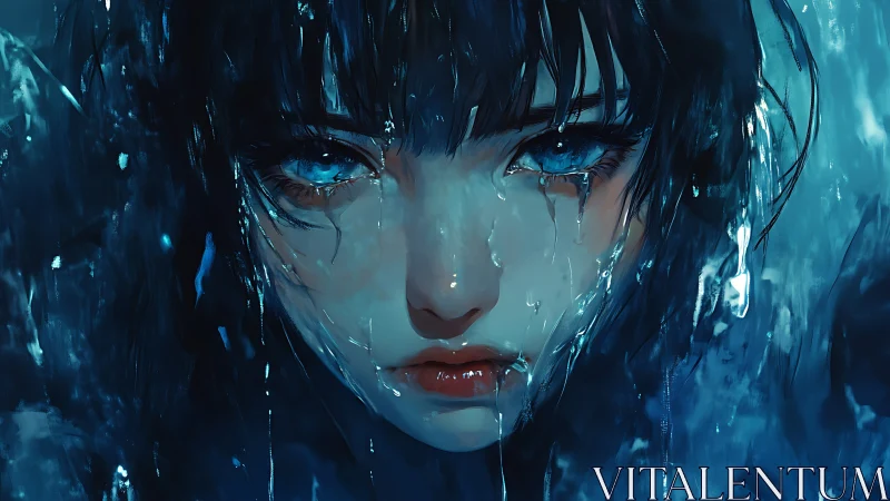 Close-up digital portrait of wet blue-eyed figure in rain.