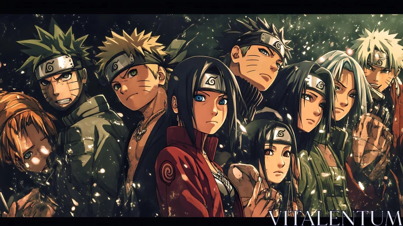 Naruto-style ninja lineup under glowing drifting embers