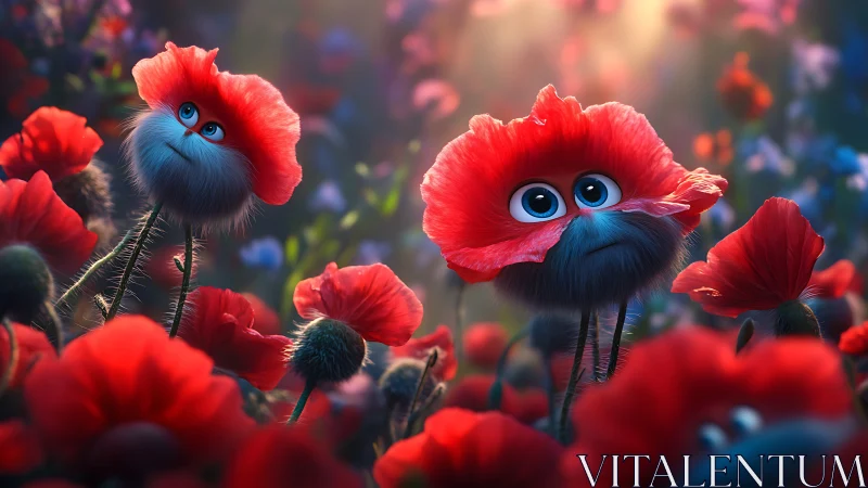 Fluffy poppy creatures gaze up in a glowing dream meadow.