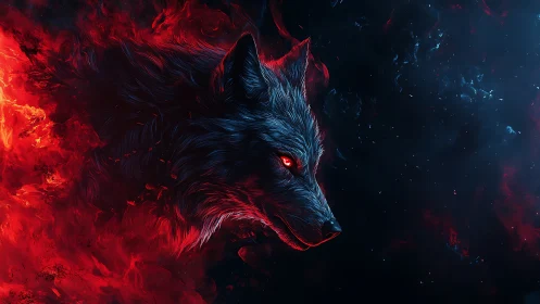 Fiery cosmic wolf head emerges from darkness in vivid glow
