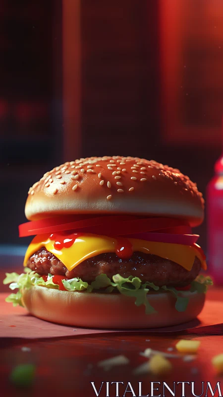 High-contrast 3D cheeseburger render with shallow depth-of-field lighting