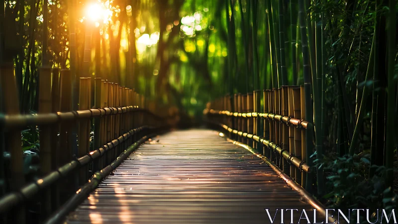 Sunlit bamboo path curves through lush green forest.