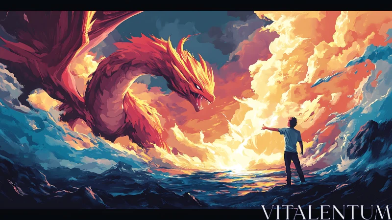 Fiery sea dragon confronts lone figure at blazing horizon.