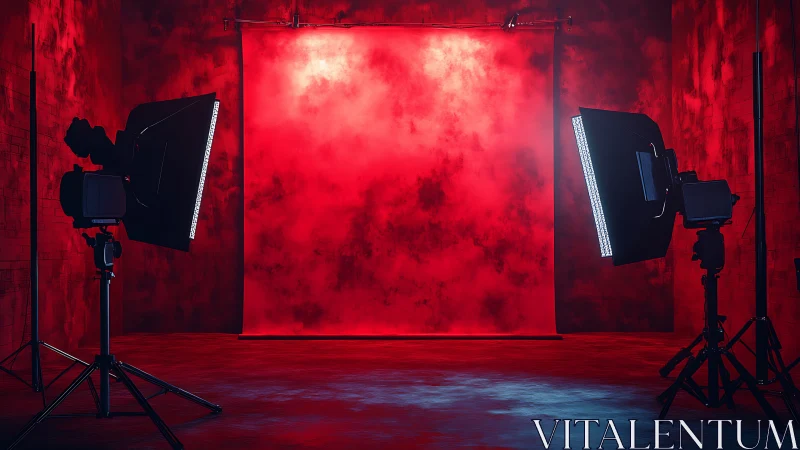 Studio backdrop stands between two softbox lights in red room