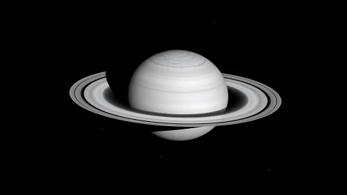 Saturn ring system in stark monochrome deep-space view