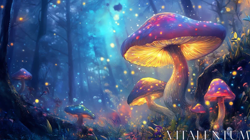 Glowing mushrooms in a blue mystical forest at night.