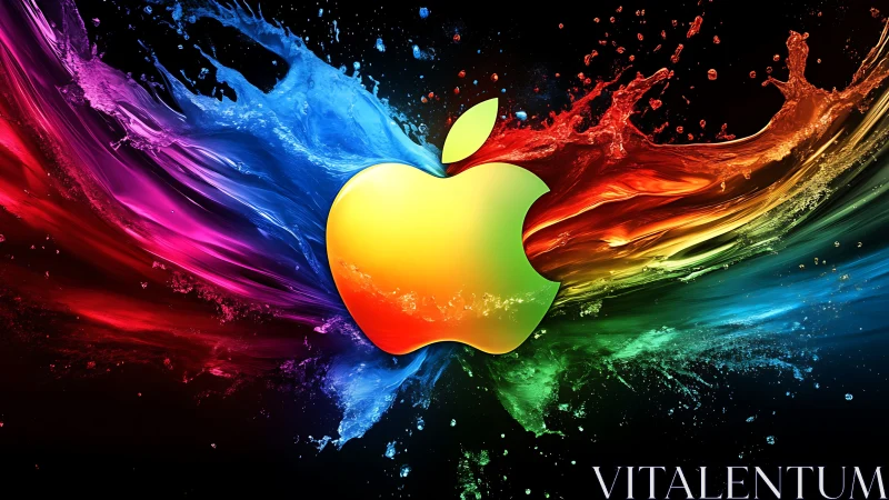 Chromatic apple emblem amid high-energy liquid splash dynamics