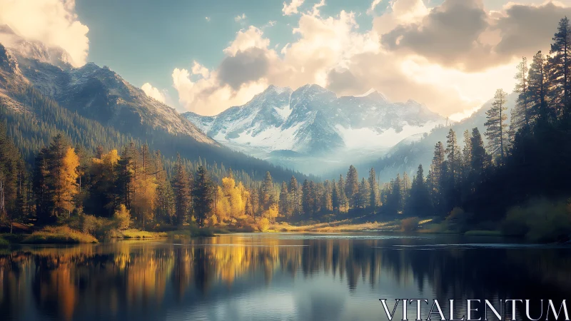 Golden mountain lake welcomes a calm autumn evening glow