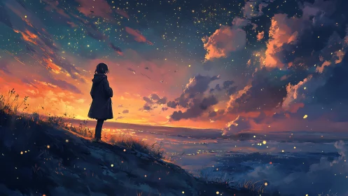 Solitary figure observes illuminated twilight coastal sky
