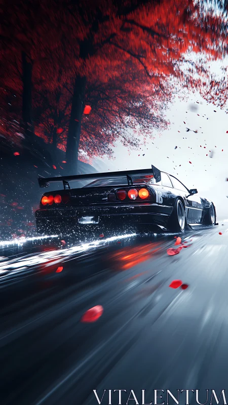 Cinematic drift racer under scarlet forest canopy at speed.