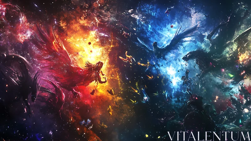 Cosmic opposing beasts in dual-toned abstract nebula field.