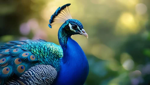 Vibrant blue peacock portrait with detailed feathers in soft focus.