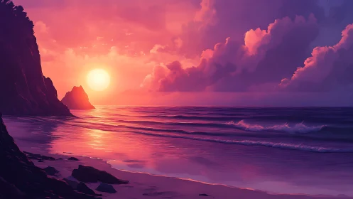 Vivid sunset over calm ocean waves and rocky shoreline.