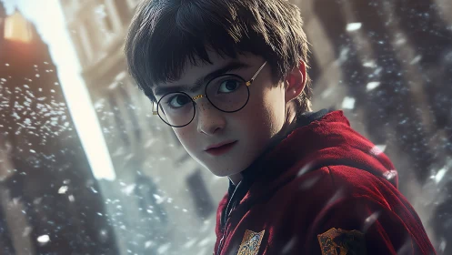 Young wizard in red robe pauses amid swirling city snow