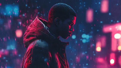 Neon rain-soaked profile in magenta cyan urban nightscape