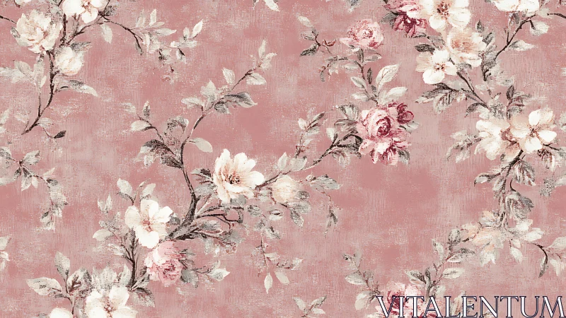 Distressed rose branch pattern on muted pink textile ground.