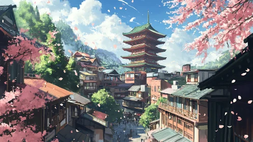 Cherry blossom winds circle a sunlit pagoda above town