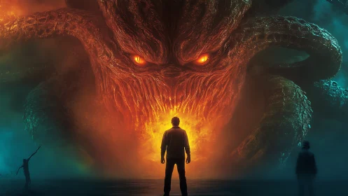 Lone human confronts colossal fiery tentacled abyssal demon