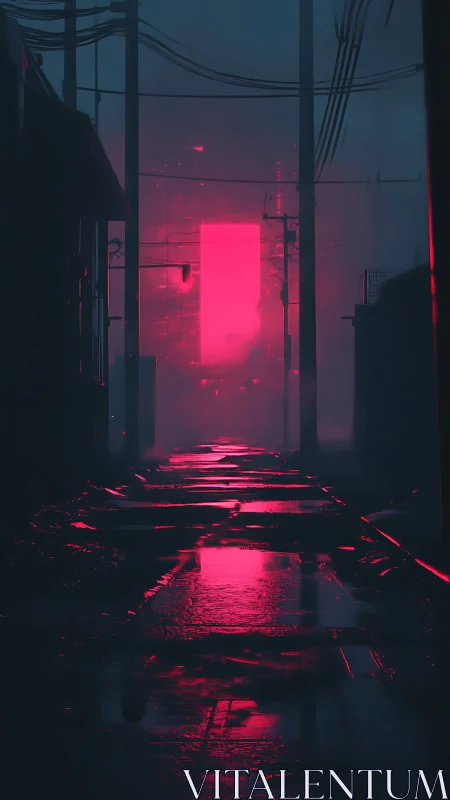 Neon alleyway glows through rain-soaked cyberpunk haze.