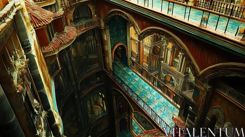 Vertical labyrinth of teal walkways in decayed palace interior.
