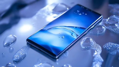 Sleek waterproof smartphone adrift on shimmering blue droplets.