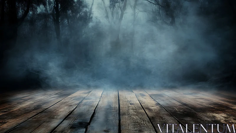 Foggy wooden stage opening into dark misty forest.