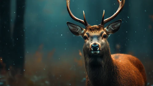 Stag of quiet snowfall poised in teal forest hush.