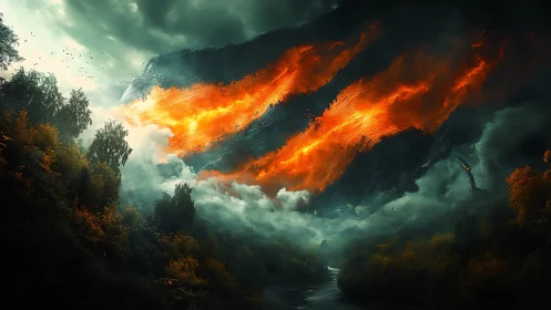 Cataclysmic aerial phenomenon: dual-vector luminous discharge through stratified atmospheric zones.