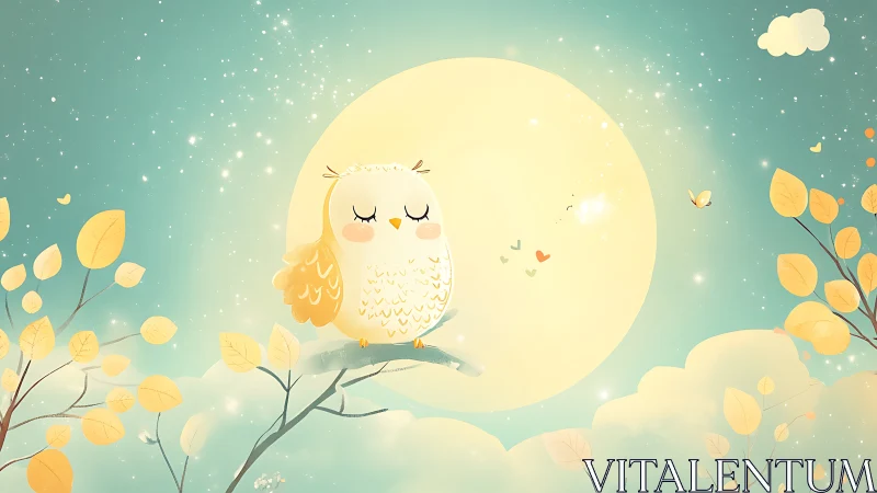 Cute cartoon owl on branch, dreamy night sky, pastel illustration.