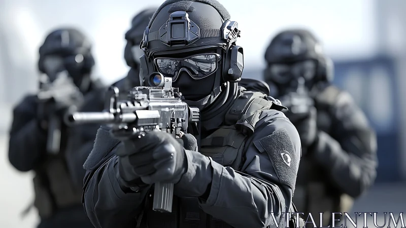 Tactical assault team advances with rifles drawn in formation.