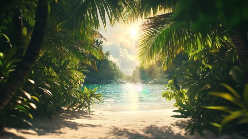 Tropical Lagoon Framed by Palm Canopy and Luminous Sunlight