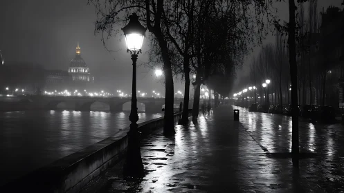 Foggy riverside promenade shows wet pavement and bridge lights