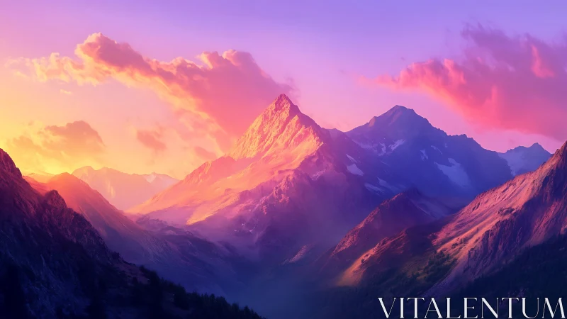 Sunlit violet peaks under a dream-soaked alpine sunrise.