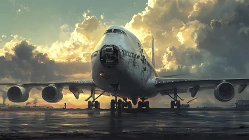 Large four engine aircraft on wet runway under dense clouds.