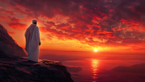 Solitary robed figure watching a blazing coastal sunset.