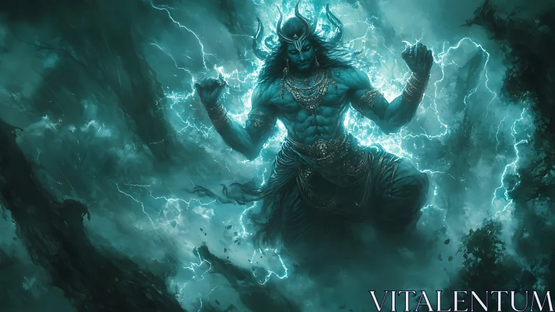 Mythic storm deity levitates in teal lightning-saturated vortex