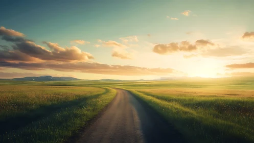 Sunlit country road gently winding through peaceful green fields
