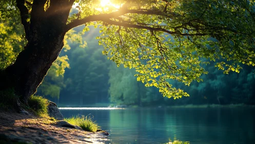 Backlit lakeside tree captures atmospheric morning illumination