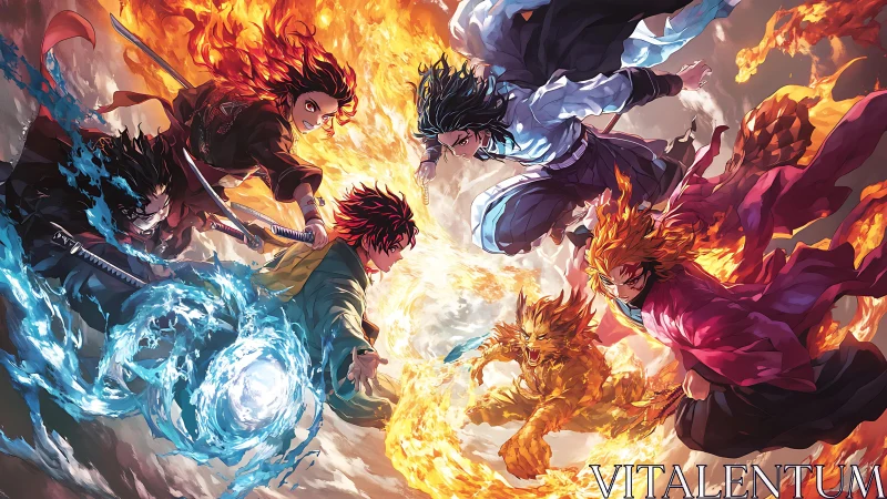 Elemental anime swordsmen locked in dynamic aerial clash.